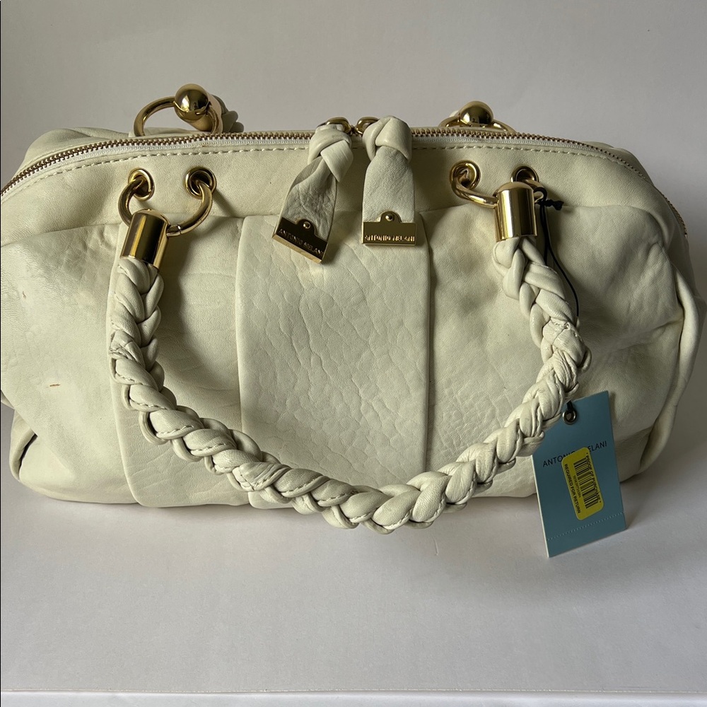 ANTONIO MELANI Ivory Jada Braided-Handle Satchel W/ Gold Hardware